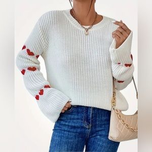 2 Heart Pattern Crew Neck Sweater, Casual Long Sleeve Contrast Trim Sweater